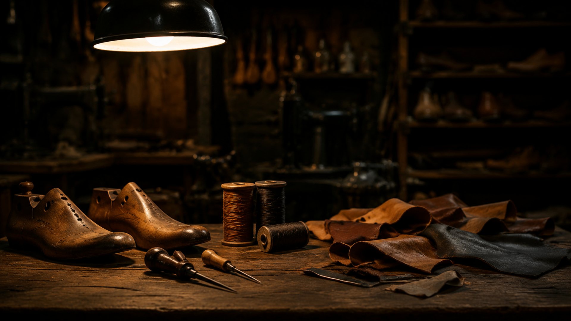 Werkbank van een schoenmaker met houten leesten, priemen en klossen gewaste draad onder een warme lamp