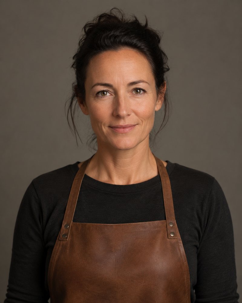 Portret van een vrouw van ongeveer 35 met donker opgestoken haar en een effen leren schort zonder opdruk
