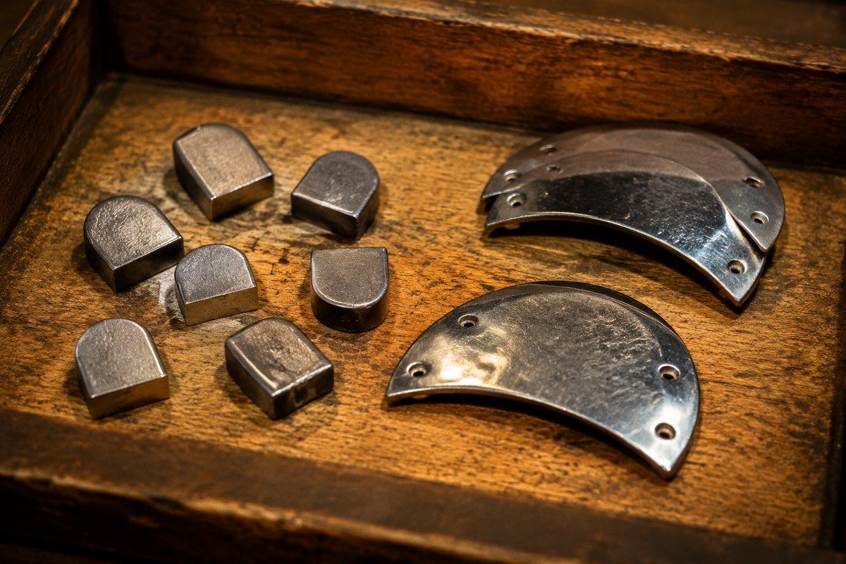 Kleine metalen hakbeslagjes en stalen neusplaatjes in een ondiepe houten bak, van dichtbij